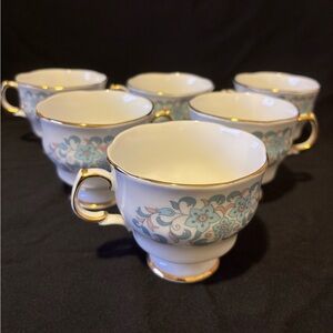Set of 6 Blue Floral Teacups by ARKLOW. Made in Ireland.